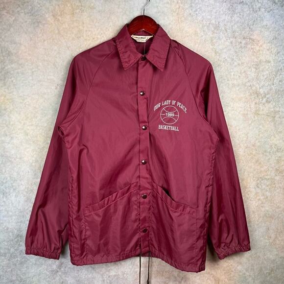 VTG 80s Basketball Windbreaker Jacket Sz S Maroon 1989 Our Lady of Peace Light - Picture 1 of 8
